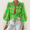 Rosa Clothing - Puff Sleeve Lapel Print Shirt: Green /