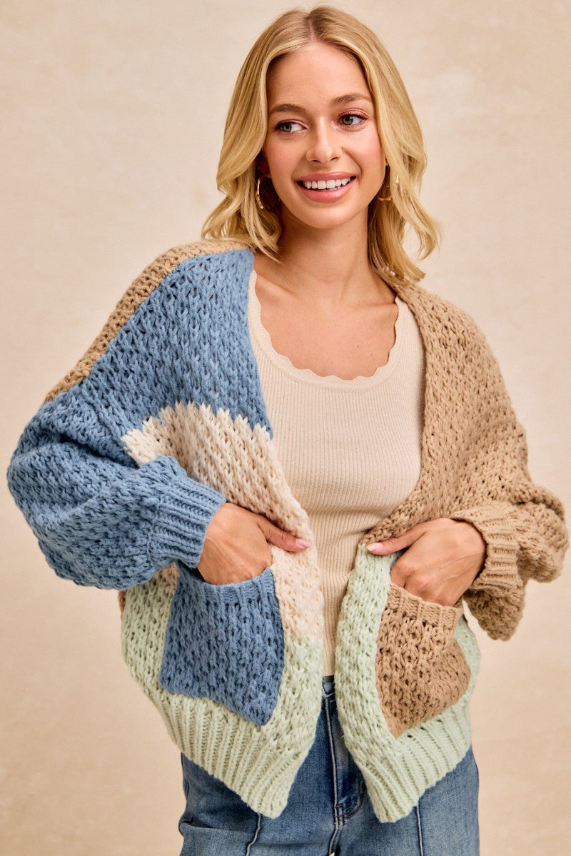 Color Block Sweater Cardigan With Pockets