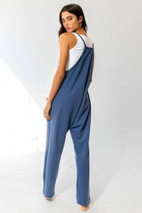 Bucketlist Drop Crotch V-neck Solid French Terry Knit Navy Jumpsuit