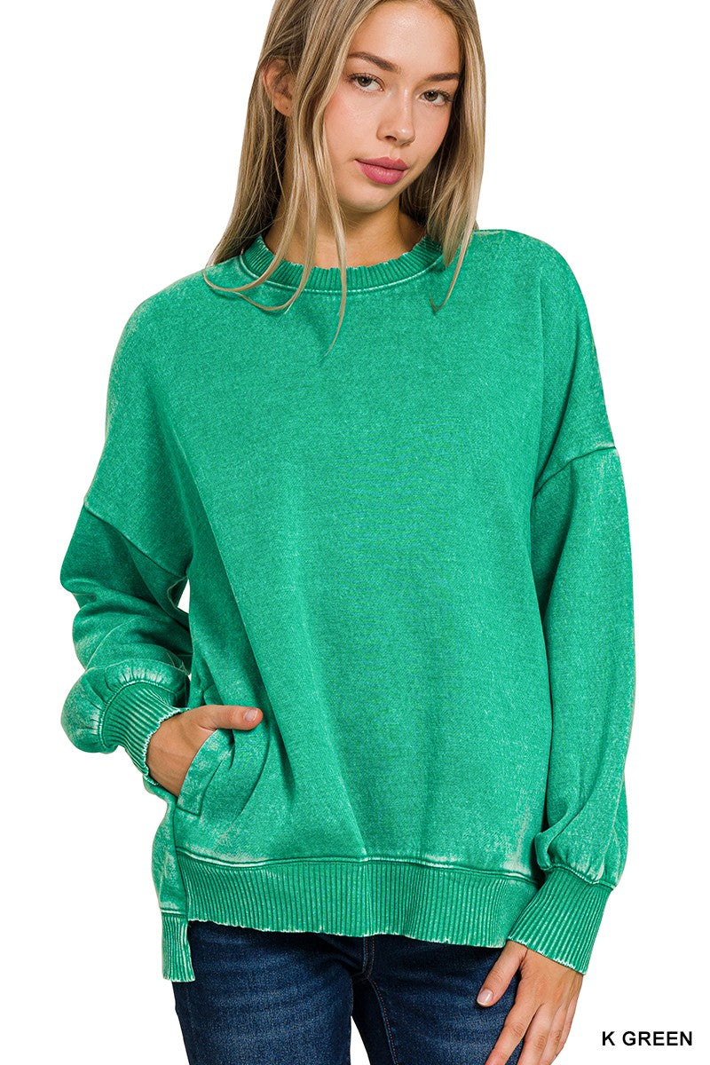 Kelly Green Acid Wash Fleece Hi-low Hem Pullover