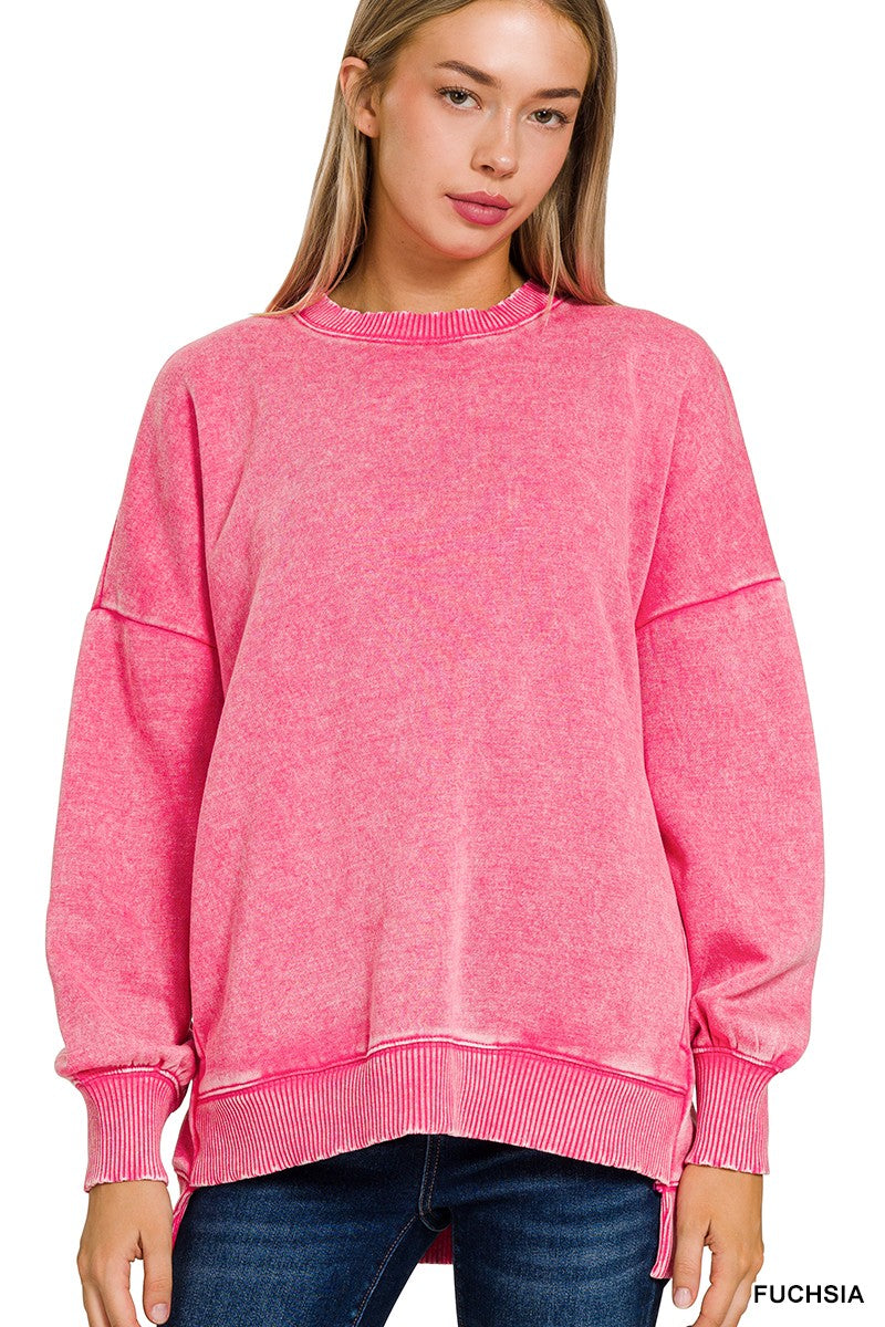 Pink Acid Wash Fleece Hi-low Hem Pullover