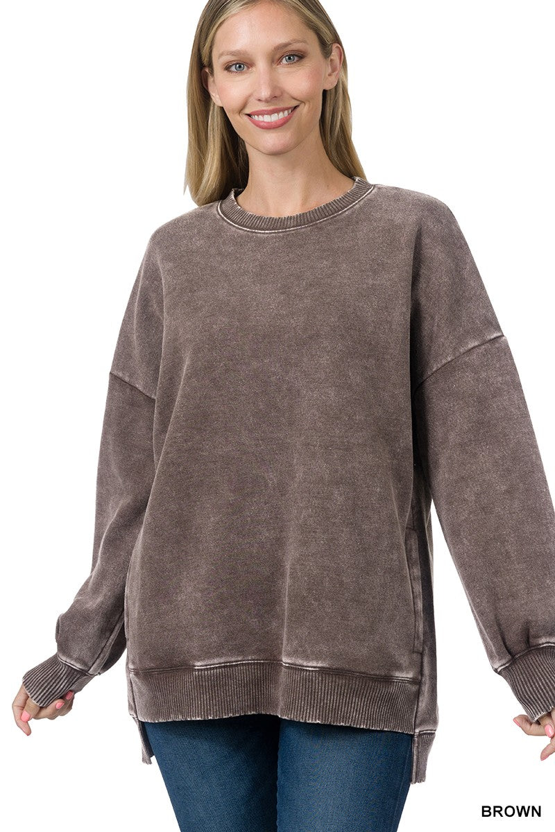 Brown Acid Wash Fleece Hi-low Hem Pullover
