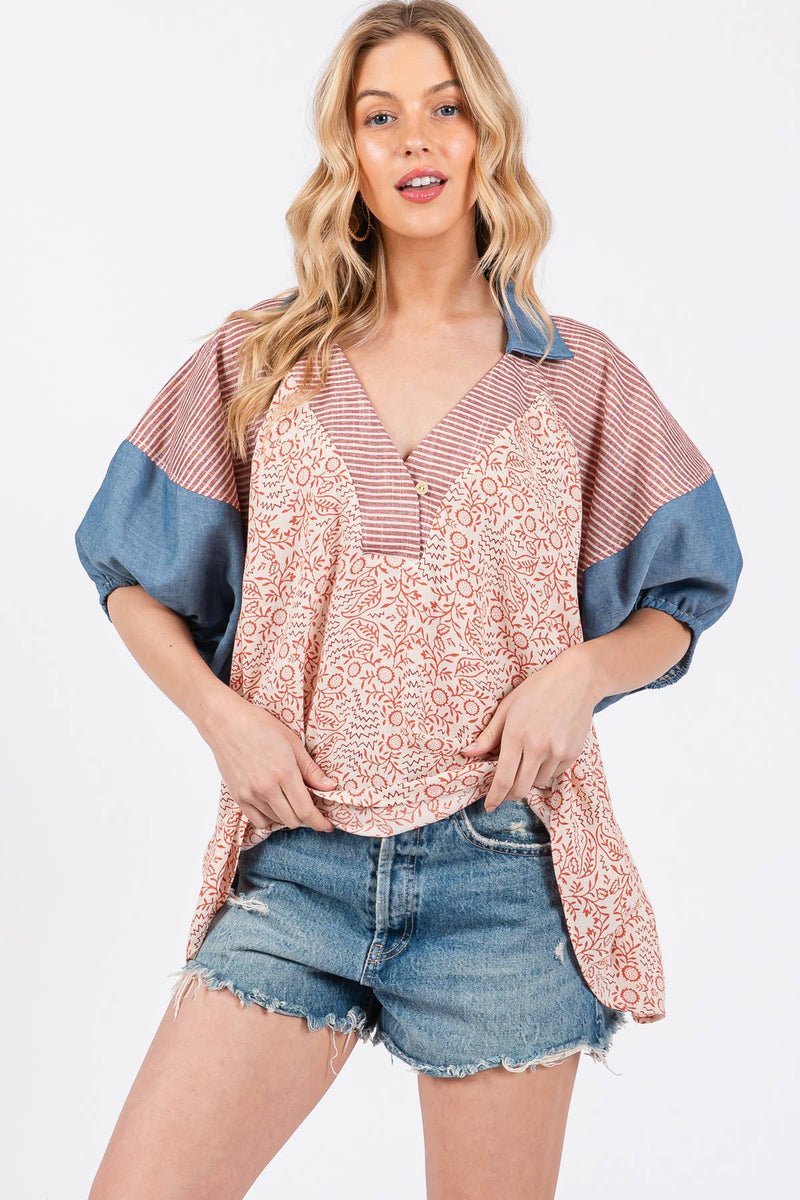 Floral Red Denim Print Puff Sleeve Tunic Top