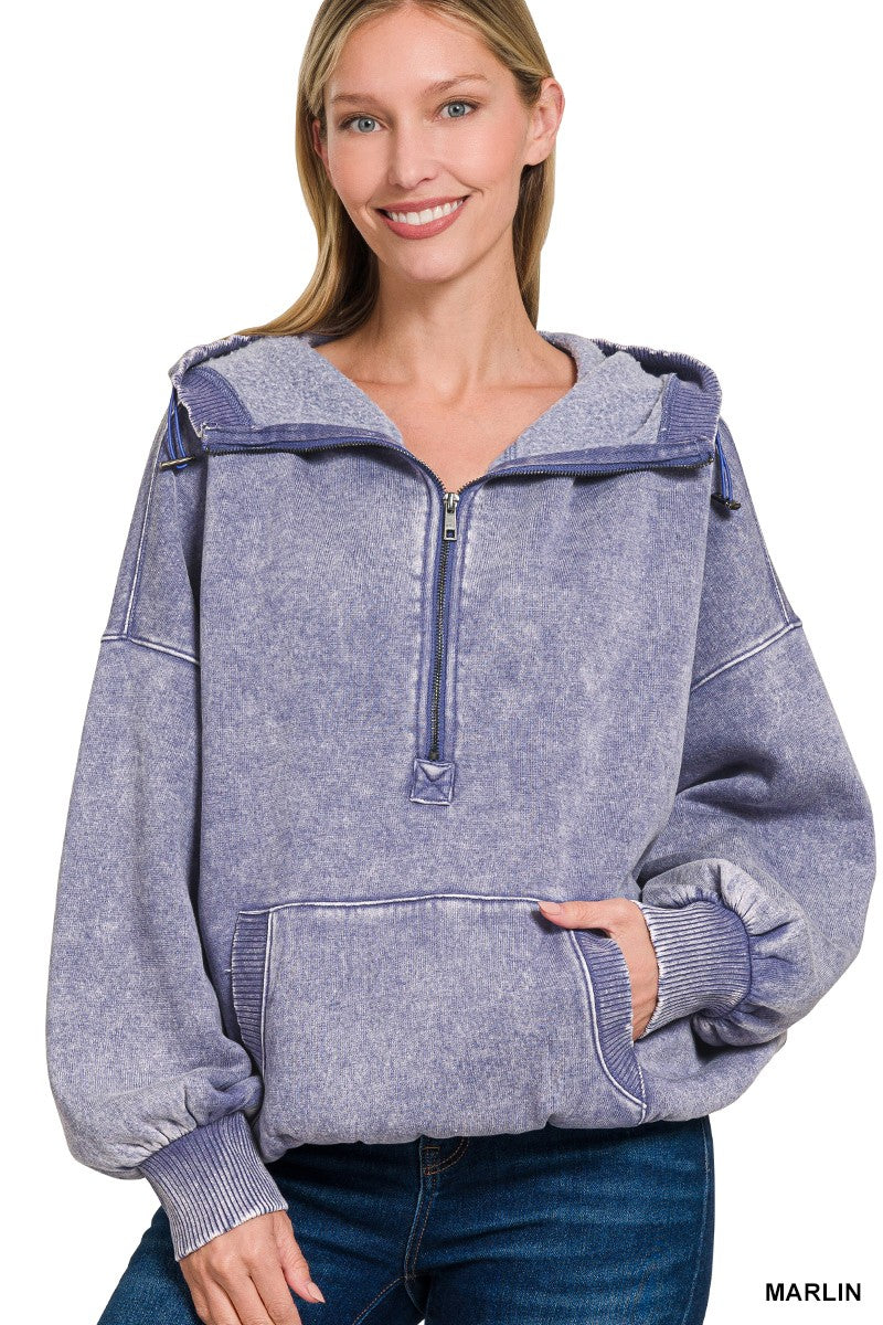 Marlin Fleece Washed Drawstring Half Zip Hoodie