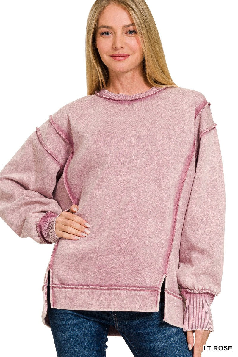 LT Rose Acid Wash Exposed-seam Fleece Sweatshirt