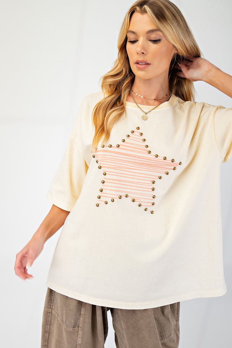 Skylar Top: Cream Star Print Stud Cotton Top