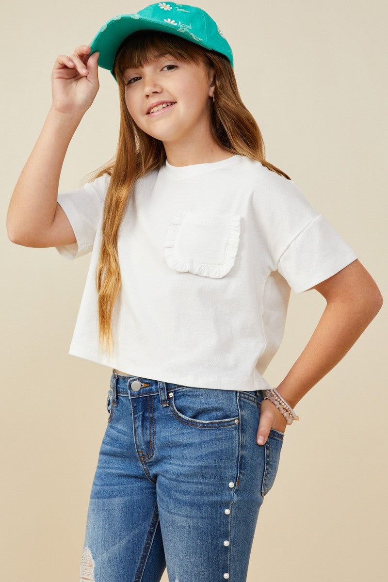 White Girls Ruffle Pocket Knit T Shirt