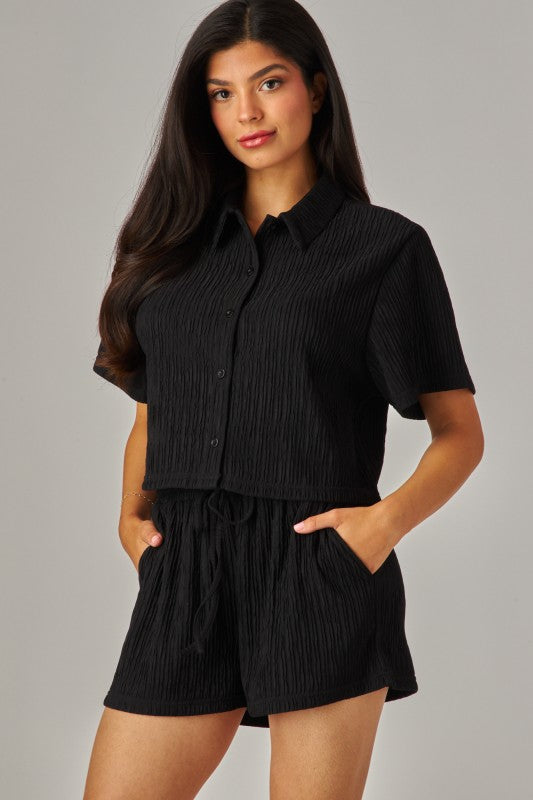 Black Crinkled Plisse Button Down Loungewear Shorts Set