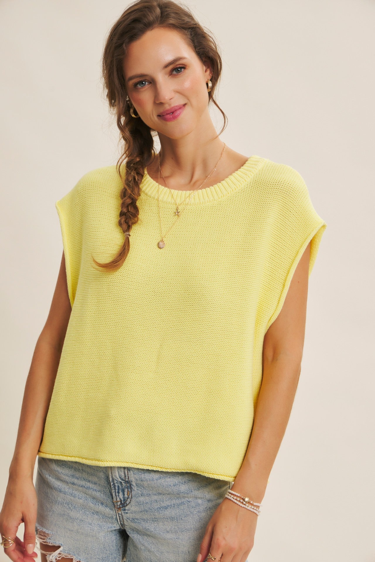 Lemon Yellow Loose Fit Exposed Seam Knit Sweater Vest Top
