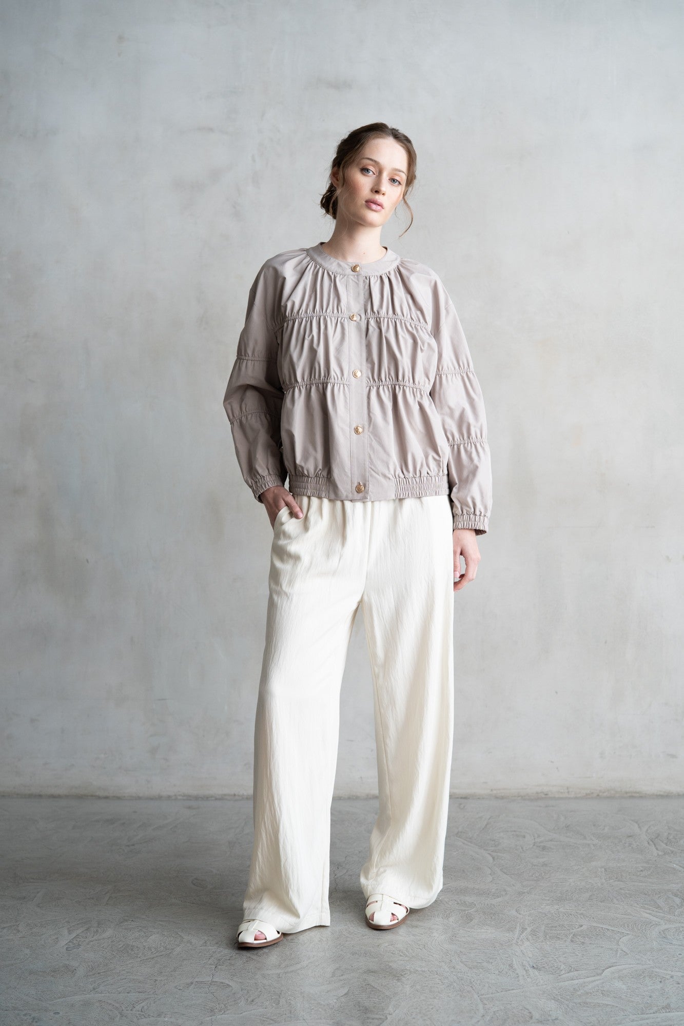 Khaki Elegant Elastic Piping Blouson Jacket