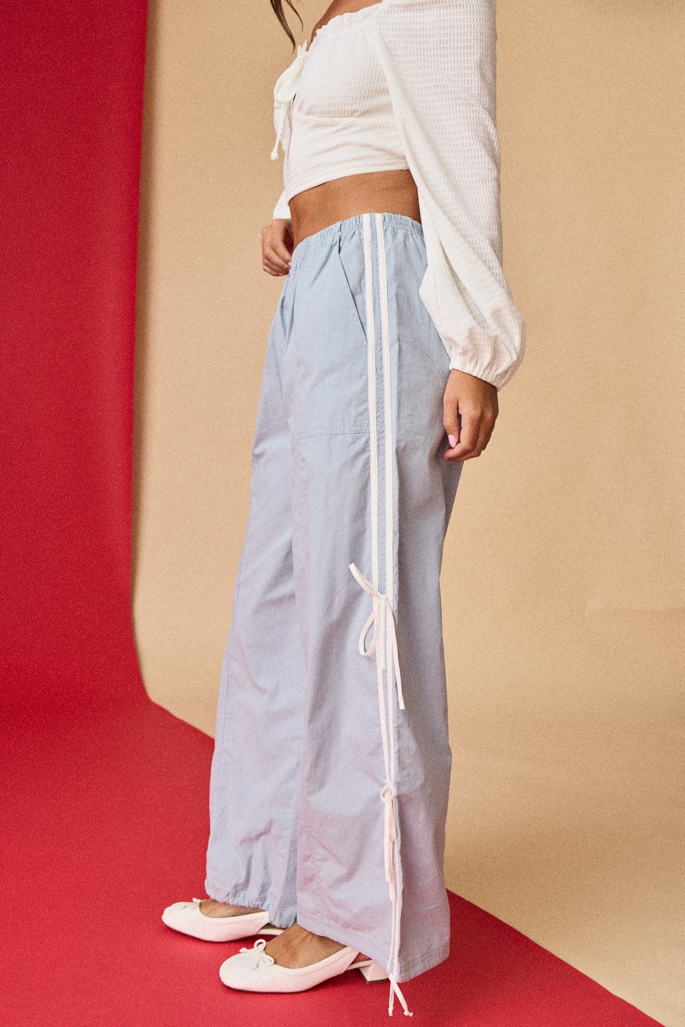 Dusty Blue Athletic Striped Elastic Pants W/ Bows