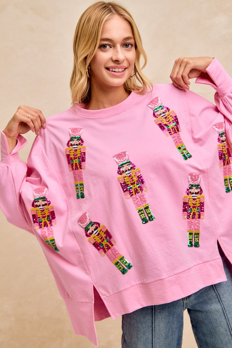 Pink Sequin Nutcracker Embroidery Christmas Top