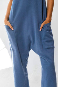 Bucketlist Drop Crotch V-neck Solid French Terry Knit Navy Jumpsuit