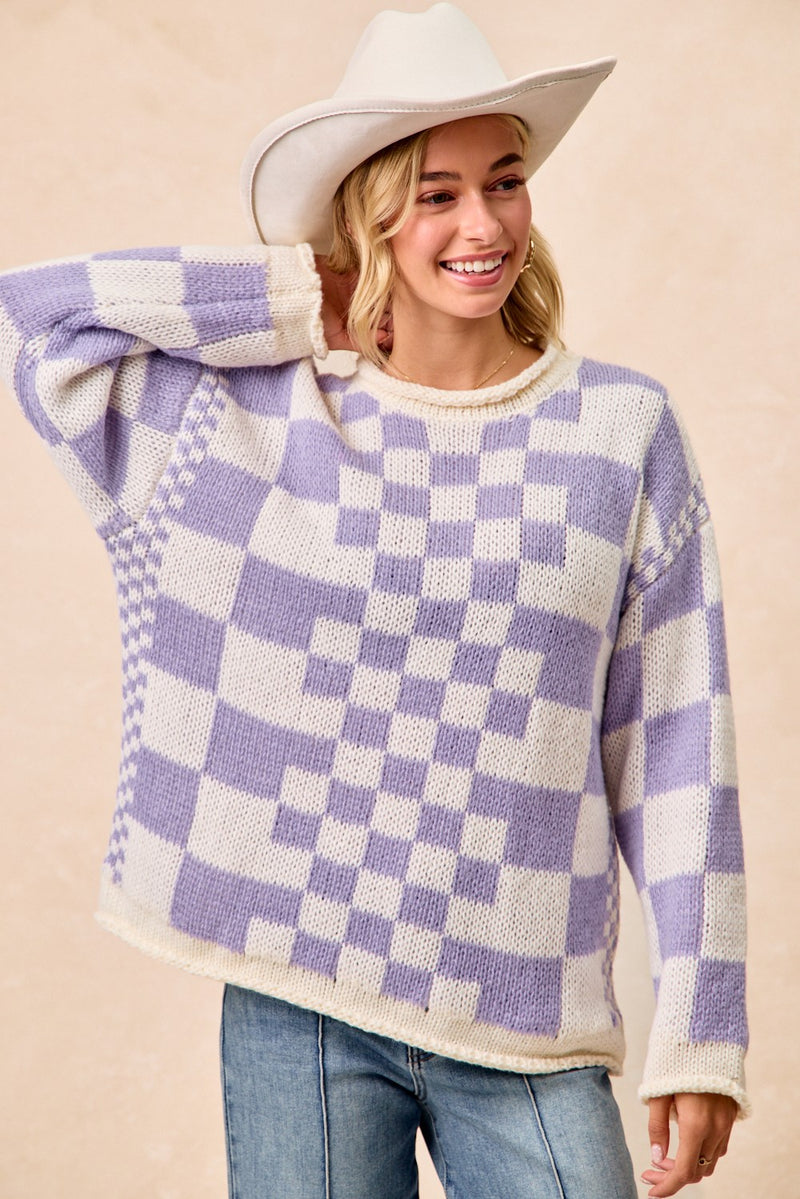 Lavender Mixed Vintage Checkered Chunky Sweater