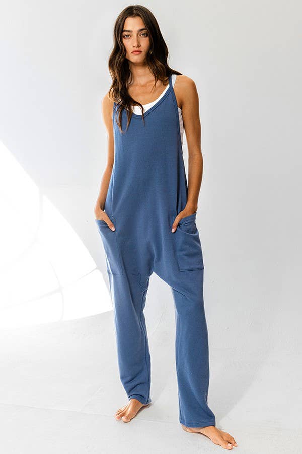 Bucketlist Drop Crotch V-neck Solid French Terry Knit Navy Jumpsuit