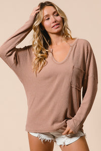 Peanut Butter Wavy Two Tone Rib Notch Neck Patch Pocket Top