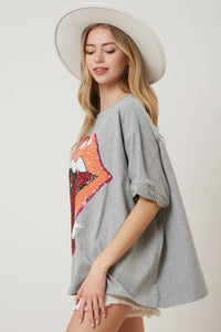 Rolling Stones Heather Grey Sequin Tongue Tee