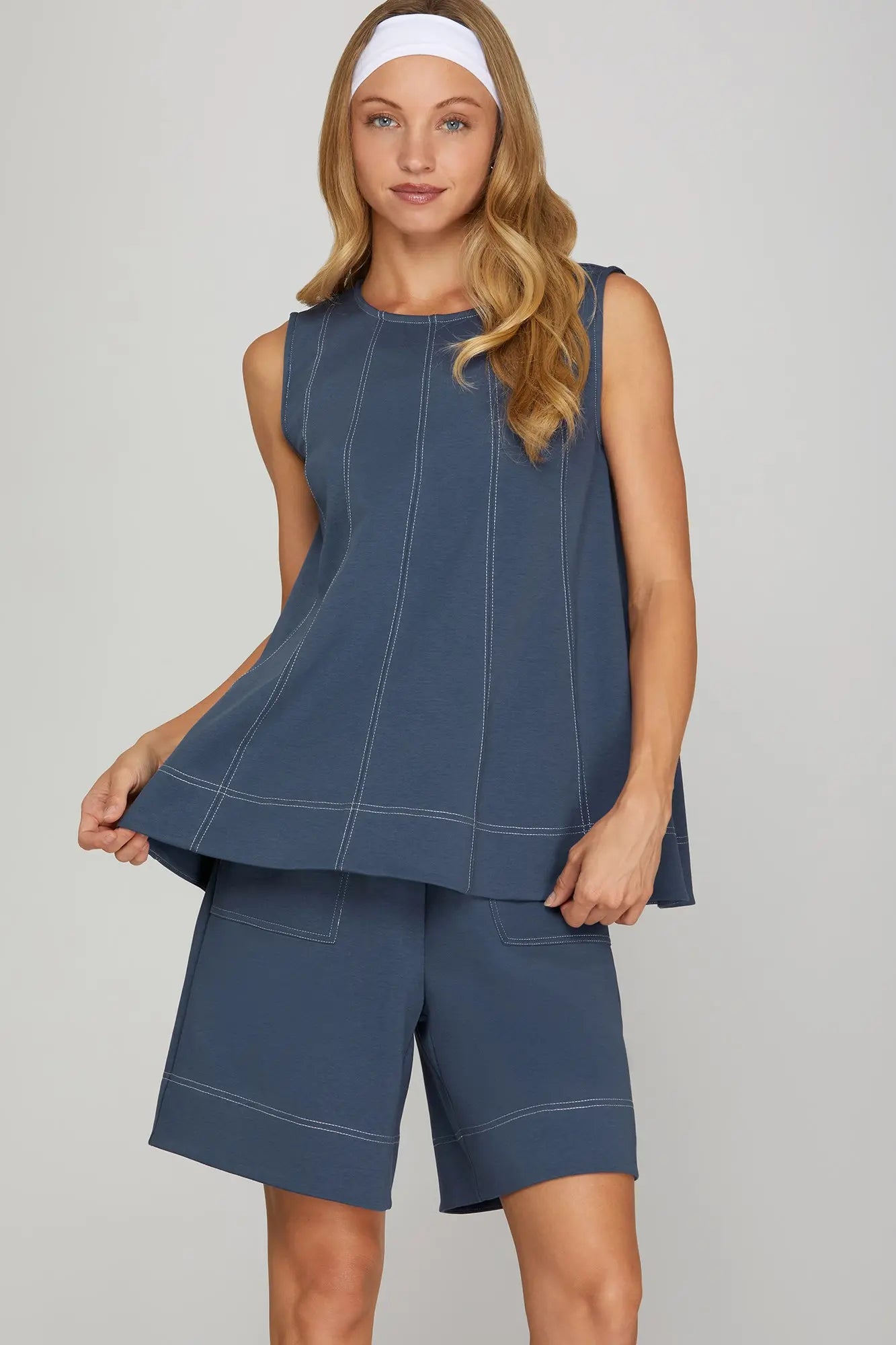 Dusty Blue Sleeveless Knit Top Contrast Stitching Detail