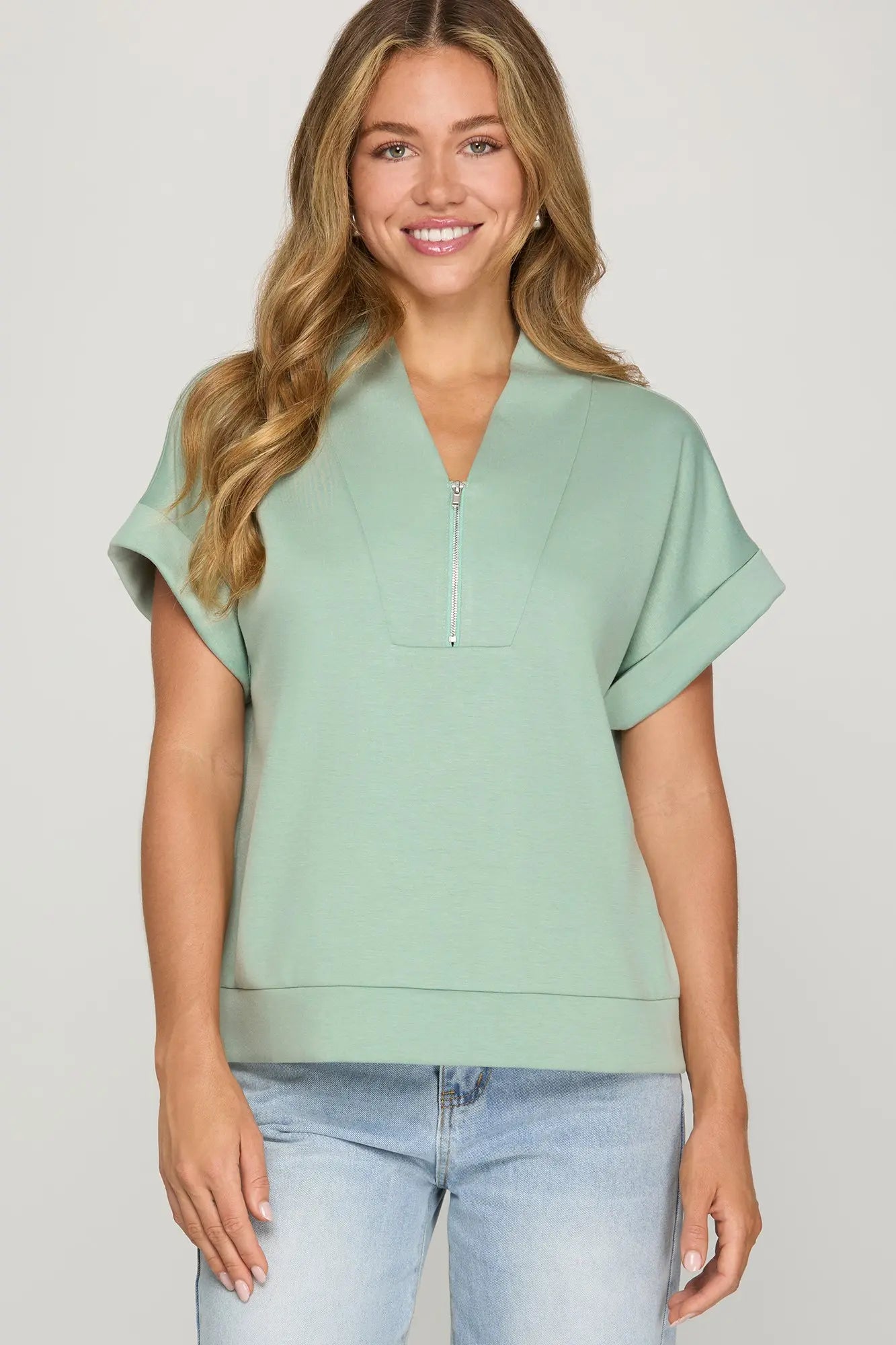 Sage Green Drop Shoulder High Neck Half Zip Top