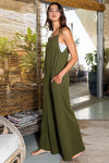 Ruffled Olive Green Neckline Wide Leg Solid Jumpsuit