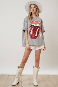 Rolling Stones Heather Grey Sequin Tongue Tee