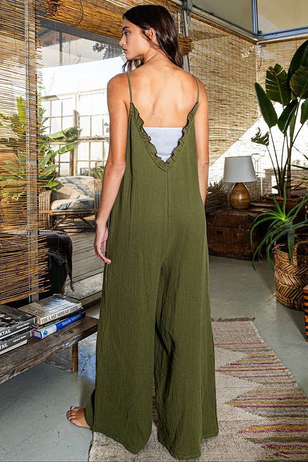 Ruffled Olive Green Neckline Wide Leg Solid Jumpsuit