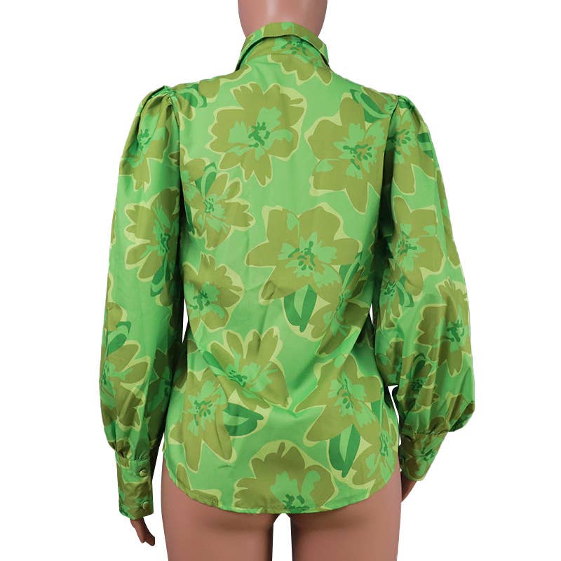 Rosa Clothing - Puff Sleeve Lapel Print Shirt: Green /