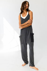 Black Drop V-neck Solid Ribbed Knit Jumpsuit