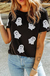 Black Glitter Ghost Pattern Crew Neck Halloween Graphic Shirt