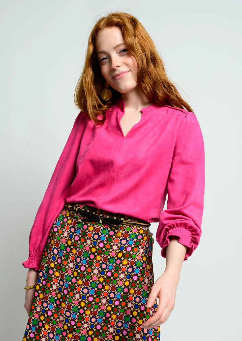 Ivy Jane Long Sleeve Suede Top in Hot Pink