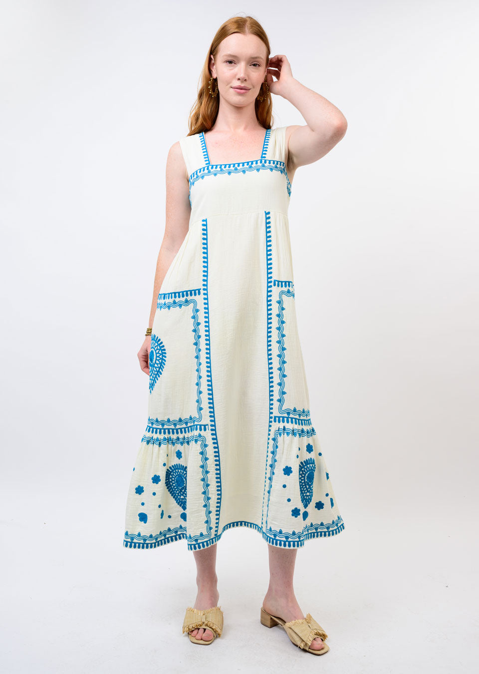 White and Blue Embroidered Midi Dress