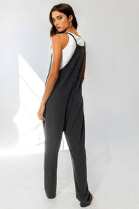 Black Drop V-neck Solid Ribbed Knit Jumpsuit