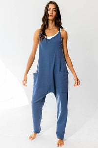 Bucketlist Drop Crotch V-neck Solid French Terry Knit Navy Jumpsuit