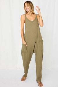 Ces Femme - Solid Olive Harem Jumpsuit with Pockets