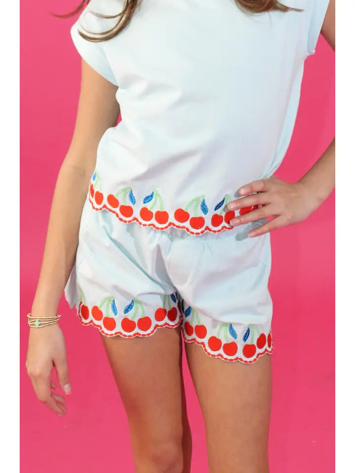 Cherries Embroidered Hem Shorts Tween Girls