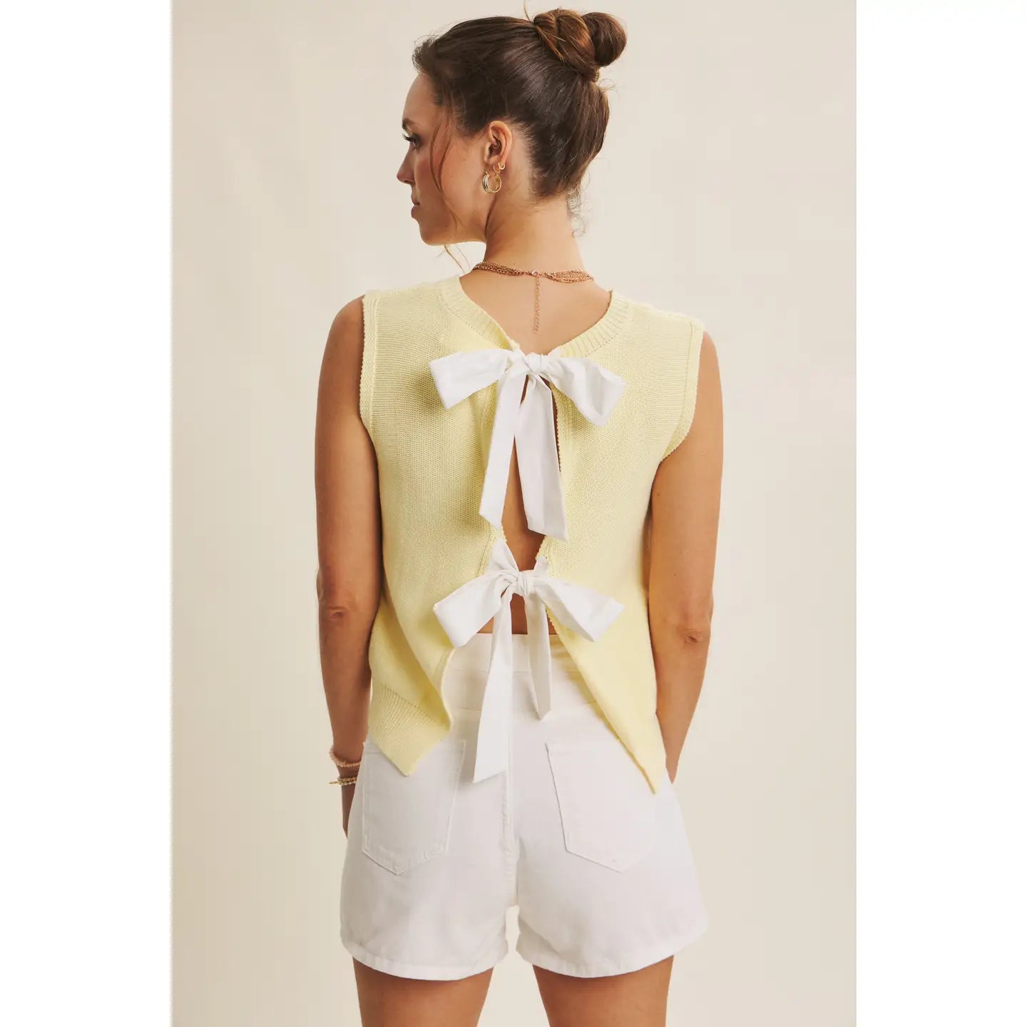 Lemondrop and White Unexpected Twist Contrast Bow Back Sweater Top