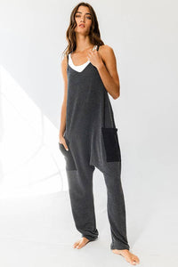 Black Drop V-neck Solid Ribbed Knit Jumpsuit