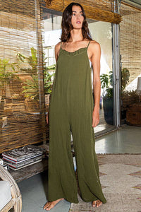 Ruffled Olive Green Neckline Wide Leg Solid Jumpsuit