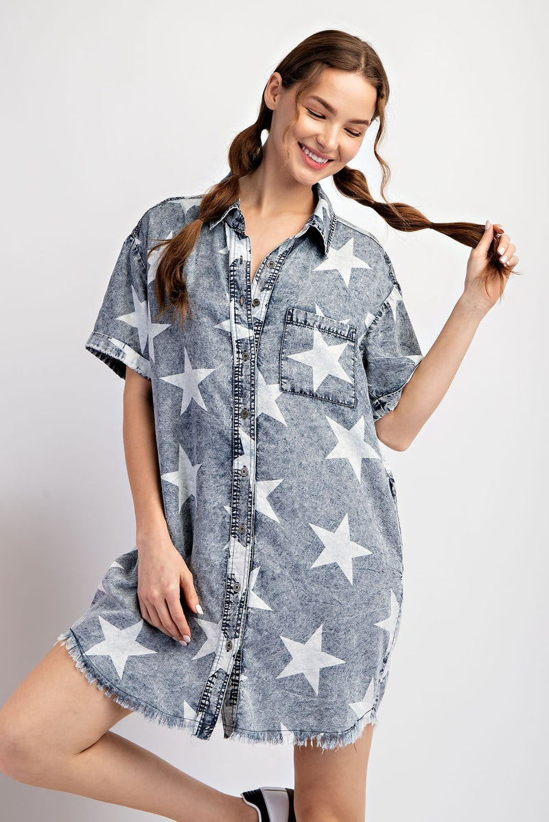 EESOME MINERAL WASHED STAR PRINTED MINI DRESS