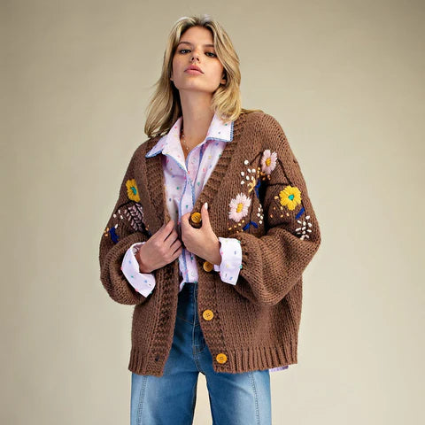 BROWN FLORAL EMBROIDERY KNITTED SWEATER CARDIGAN