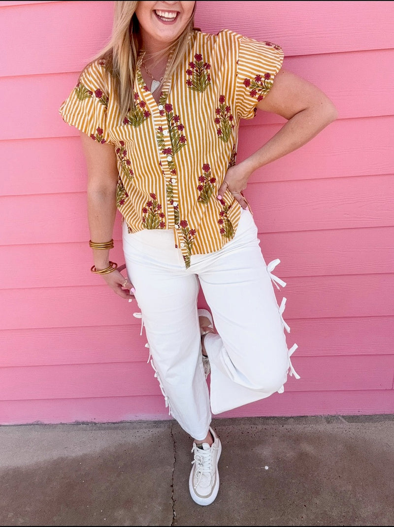 Gold Striped Block Print Top