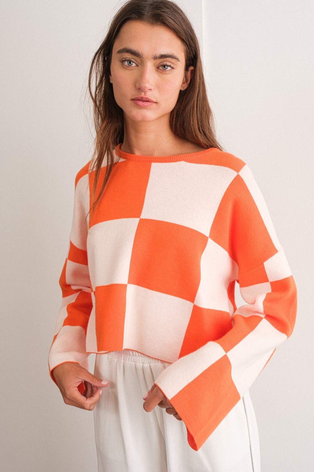 Orange Sarah Round Neck Checkered Ls Top