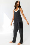 Black Drop V-neck Solid Ribbed Knit Jumpsuit