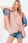 Floral Red Denim Print Puff Sleeve Tunic Top