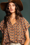 Ruffled Short Sleeve Floral Print Blouse: Brown