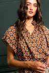 Ruffled Short Sleeve Floral Print Blouse: Brown