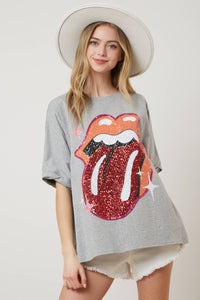 Rolling Stones Heather Grey Sequin Tongue Tee