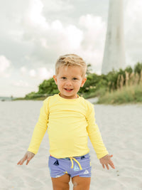 RuffleButts + RuggedButts - Boys Banana Yellow Long Sleeve Logo Rash Guard