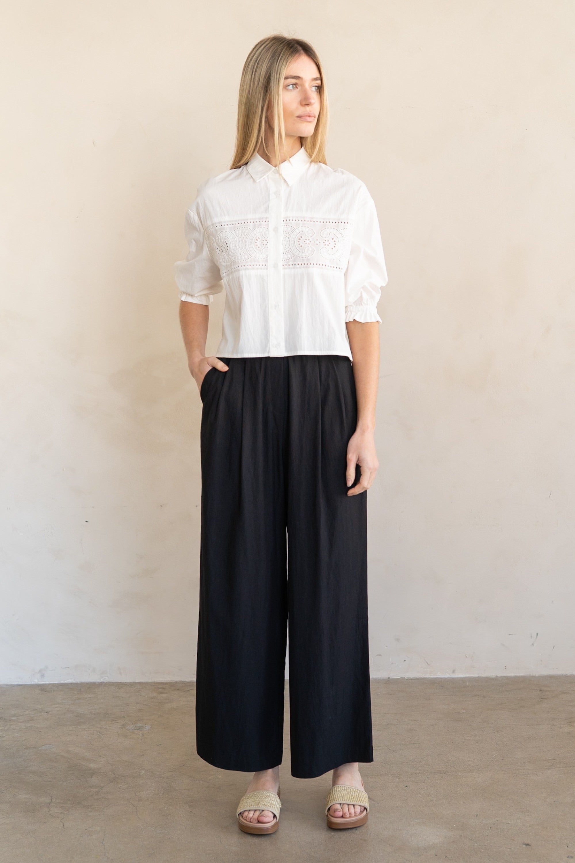 White Eyelet Lace Panel Button-up Blouse