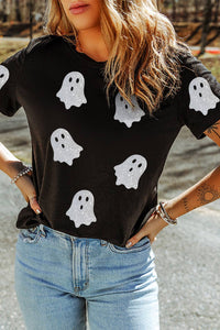 Black Glitter Ghost Pattern Crew Neck Halloween Graphic Shirt